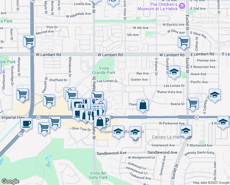 map of restaurants, bars, coffee shops, grocery stores, and more near 921 Buena Vista Avenue in La Habra