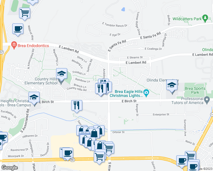 map of restaurants, bars, coffee shops, grocery stores, and more near 114 Ambling Drive in Brea