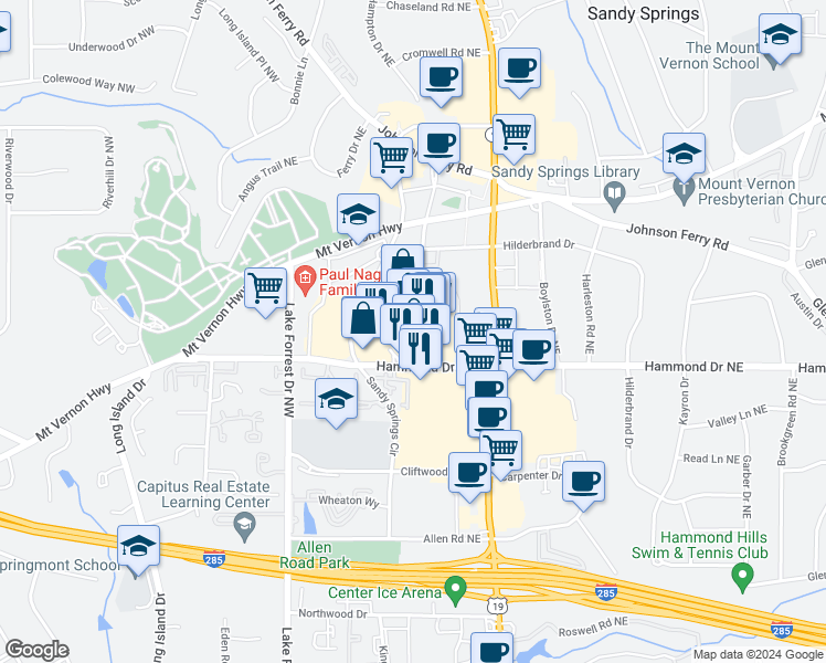 map of restaurants, bars, coffee shops, grocery stores, and more near 227 Sandy Springs Circle in Sandy Springs