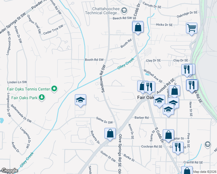 map of restaurants, bars, coffee shops, grocery stores, and more near 121 Creighton Lane in Marietta