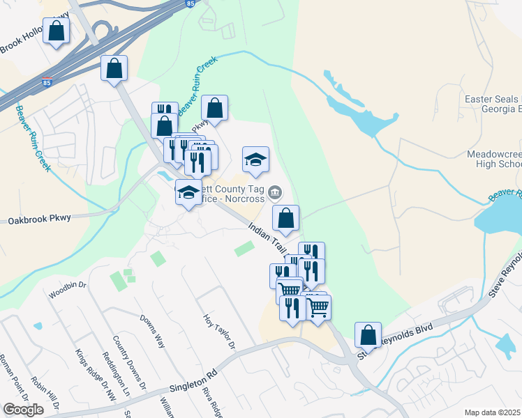 map of restaurants, bars, coffee shops, grocery stores, and more near 5025 Georgia Belle Court in Norcross