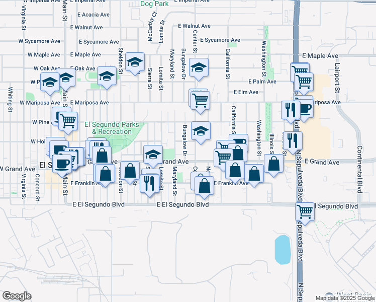 map of restaurants, bars, coffee shops, grocery stores, and more near 310 Bungalow Drive in El Segundo