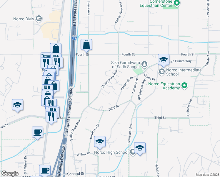 map of restaurants, bars, coffee shops, grocery stores, and more near 2677 Valley View Avenue in Norco