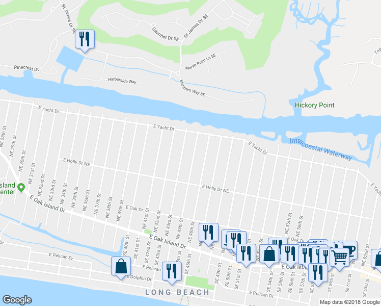 map of restaurants, bars, coffee shops, grocery stores, and more near 327 Northeast 45th Street in Oak Island
