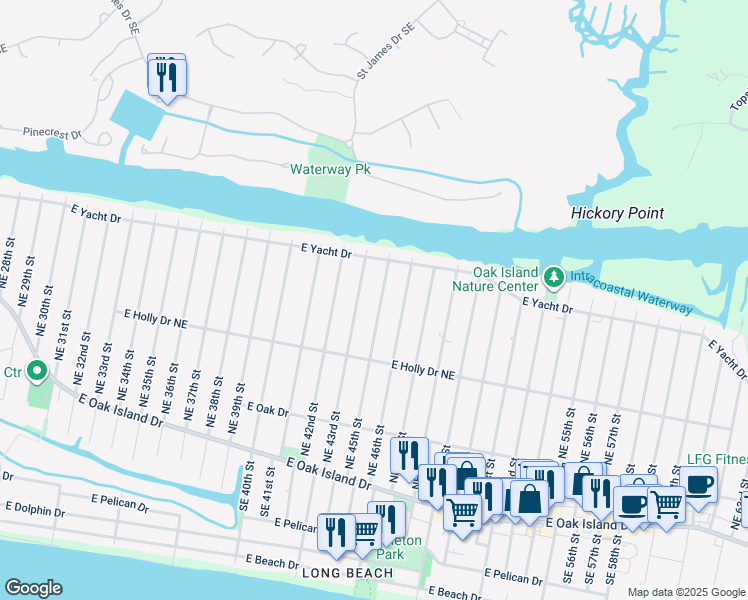 map of restaurants, bars, coffee shops, grocery stores, and more near 327 Northeast 45th Street in Oak Island