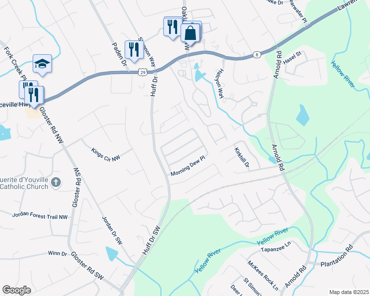map of restaurants, bars, coffee shops, grocery stores, and more near 2568 Morning Glory Place Northwest in Lawrenceville