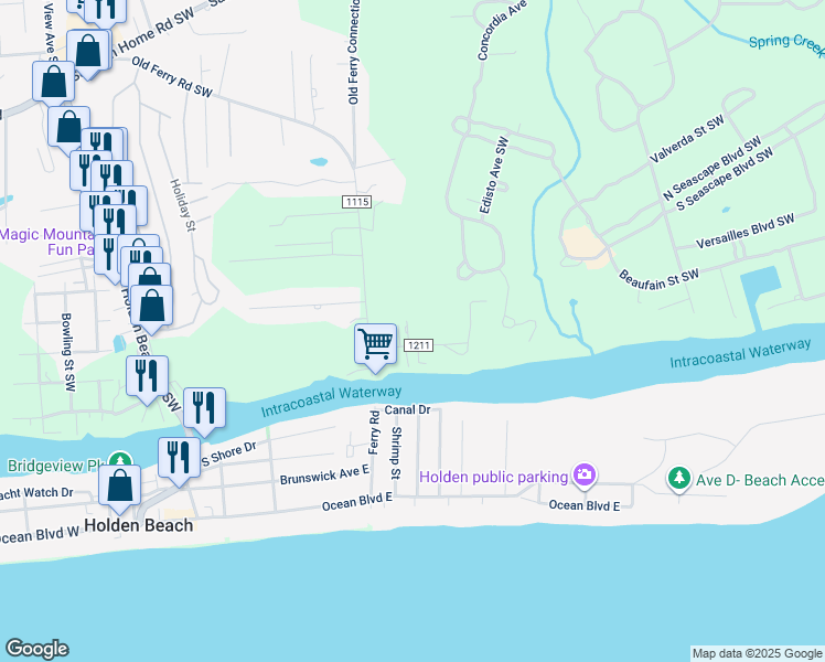 map of restaurants, bars, coffee shops, grocery stores, and more near 1060 B-Var Road Southwest in Supply