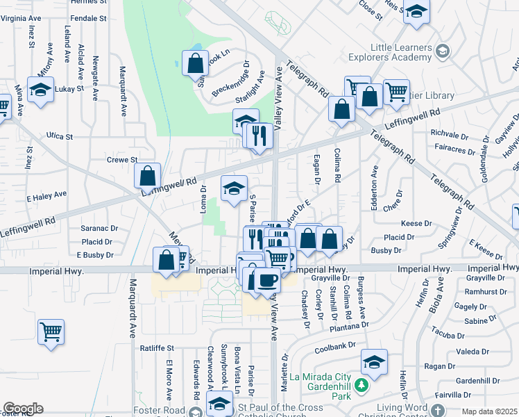 map of restaurants, bars, coffee shops, grocery stores, and more near 14135 Chere Drive in Whittier