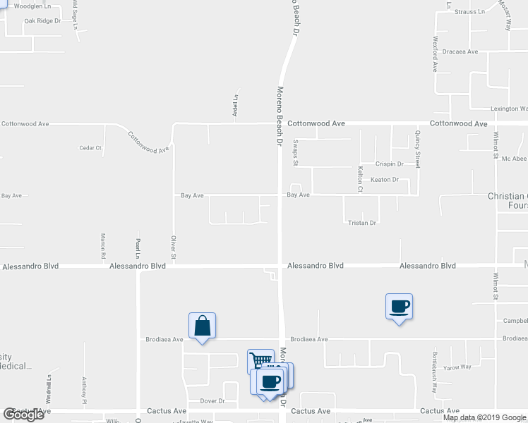 map of restaurants, bars, coffee shops, grocery stores, and more near 27943 Aidan Circle in Moreno Valley
