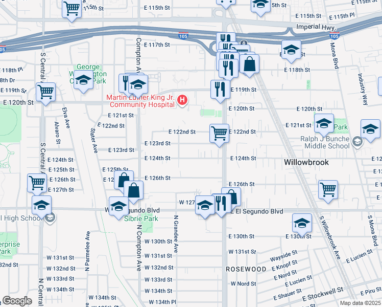 map of restaurants, bars, coffee shops, grocery stores, and more near 1727 East 124th Street in Compton