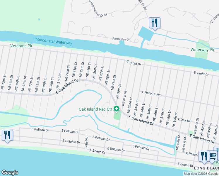 map of restaurants, bars, coffee shops, grocery stores, and more near 2902 East Oak Island Drive in Oak Island