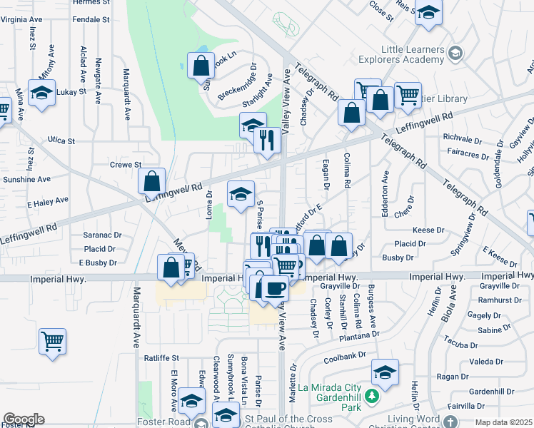 map of restaurants, bars, coffee shops, grocery stores, and more near 14135 Chere Drive in Whittier