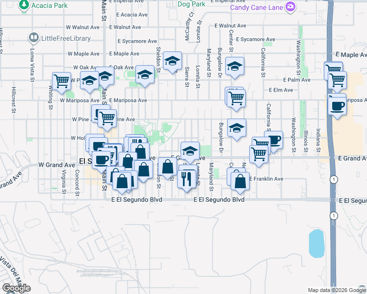 map of restaurants, bars, coffee shops, grocery stores, and more near 707 East Grand Avenue in El Segundo