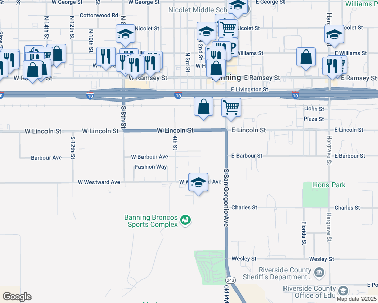map of restaurants, bars, coffee shops, grocery stores, and more near 354 Barbour Avenue in Banning