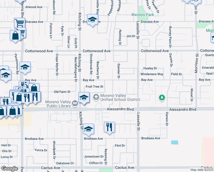 map of restaurants, bars, coffee shops, grocery stores, and more near 25778 Timo Street in Moreno Valley