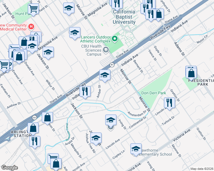 map of restaurants, bars, coffee shops, grocery stores, and more near 8873 Shawnee Avenue in Riverside
