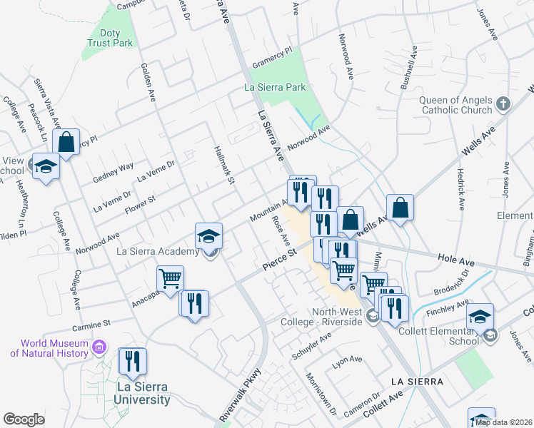 map of restaurants, bars, coffee shops, grocery stores, and more near 4972 Rose Avenue in Riverside