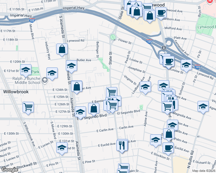 map of restaurants, bars, coffee shops, grocery stores, and more near 11968 North Santa Fe Avenue in Compton