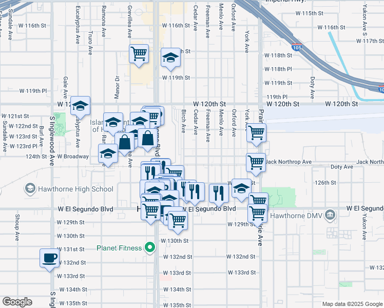 map of restaurants, bars, coffee shops, grocery stores, and more near in Hawthorne