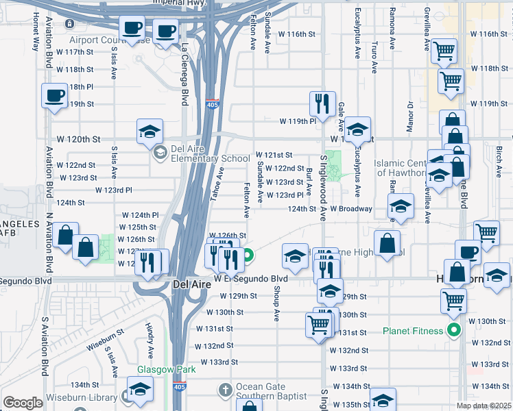map of restaurants, bars, coffee shops, grocery stores, and more near 12412 Felton Avenue in Hawthorne