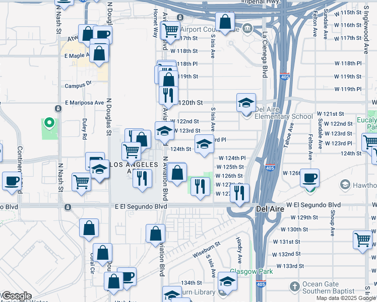 map of restaurants, bars, coffee shops, grocery stores, and more near 5518 West 124th Street in Hawthorne