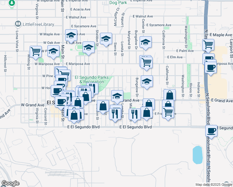 map of restaurants, bars, coffee shops, grocery stores, and more near 707 East Grand Avenue in El Segundo