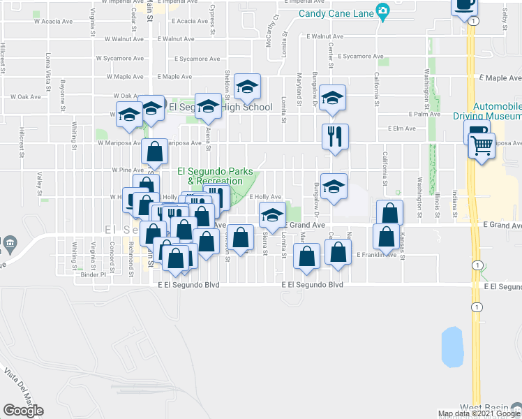 map of restaurants, bars, coffee shops, grocery stores, and more near 707 East Grand Avenue in El Segundo