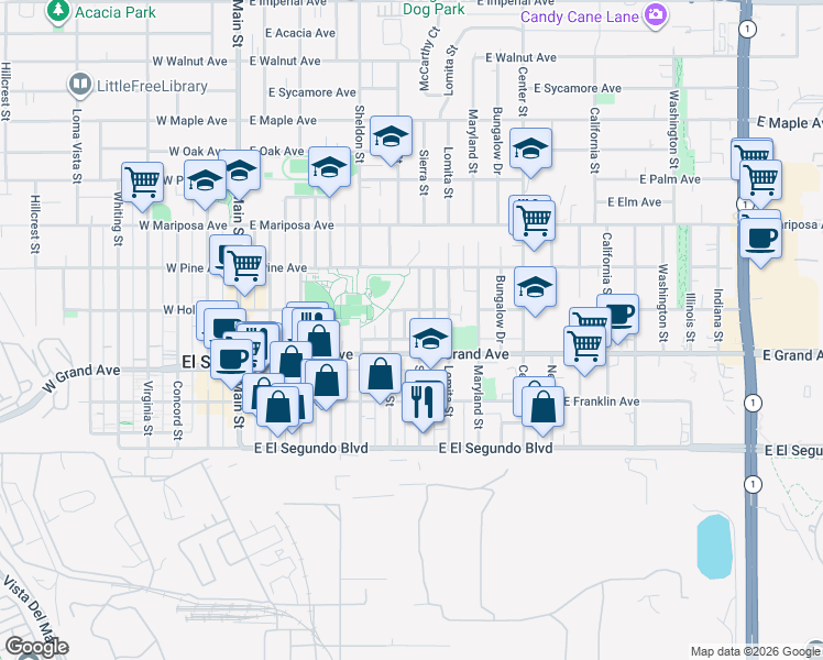 map of restaurants, bars, coffee shops, grocery stores, and more near 711 East Grand Avenue in El Segundo