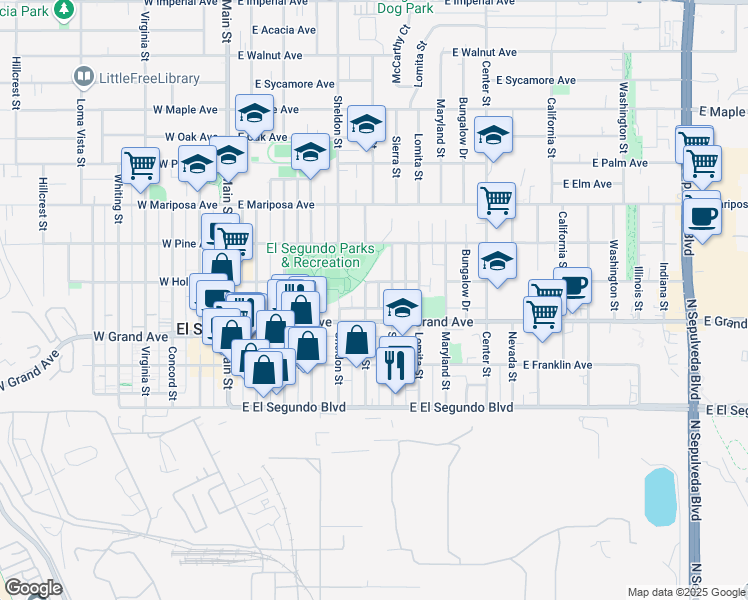 map of restaurants, bars, coffee shops, grocery stores, and more near 601 East Grand Avenue in El Segundo
