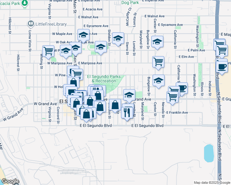 map of restaurants, bars, coffee shops, grocery stores, and more near 601 East Grand Avenue in El Segundo