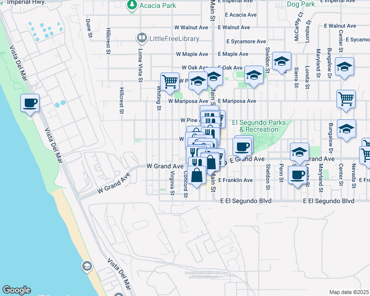 map of restaurants, bars, coffee shops, grocery stores, and more near 314 Virginia Street in El Segundo