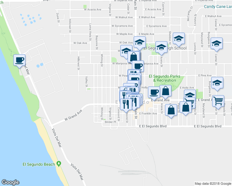map of restaurants, bars, coffee shops, grocery stores, and more near 314 Virginia Street in El Segundo