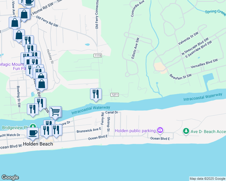 map of restaurants, bars, coffee shops, grocery stores, and more near 1060 B-Var Road Southwest in Supply