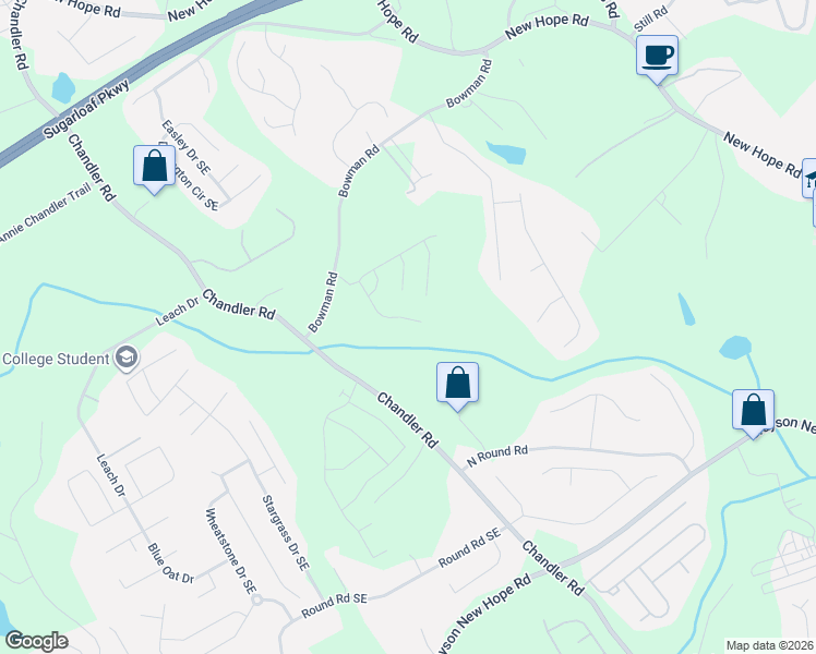 map of restaurants, bars, coffee shops, grocery stores, and more near 1680 Chandler Road in Lawrenceville
