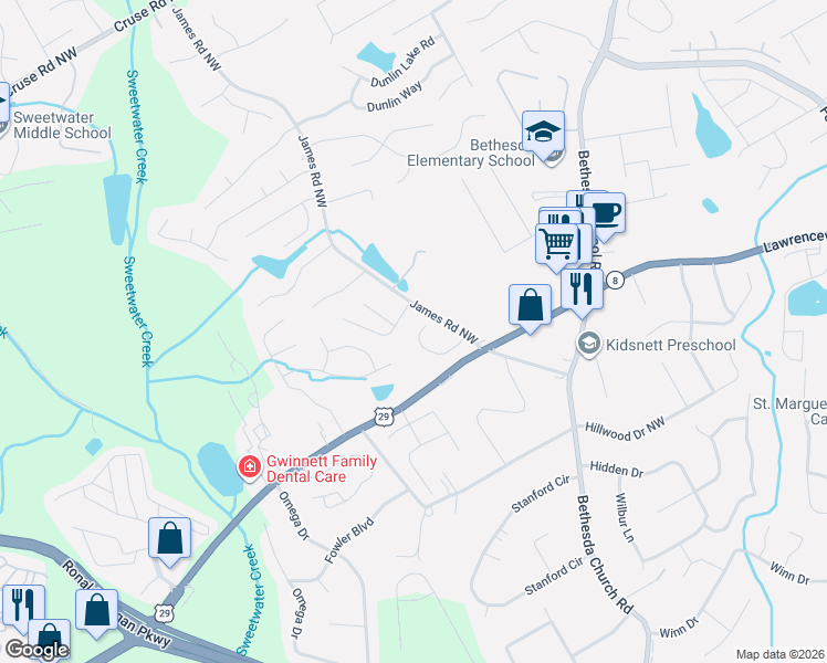 map of restaurants, bars, coffee shops, grocery stores, and more near 3202 Glenloch Place in Lawrenceville
