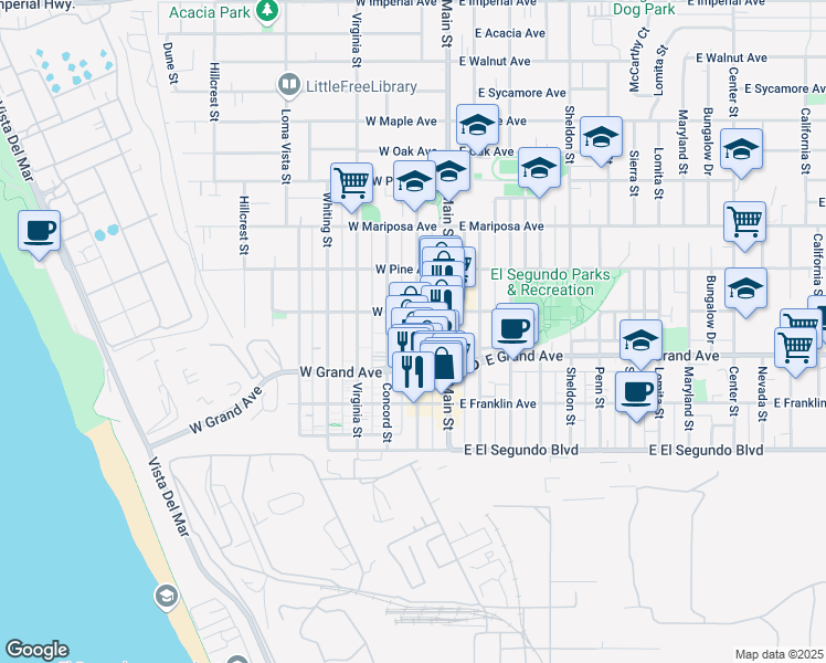 map of restaurants, bars, coffee shops, grocery stores, and more near 319 Richmond Street in El Segundo