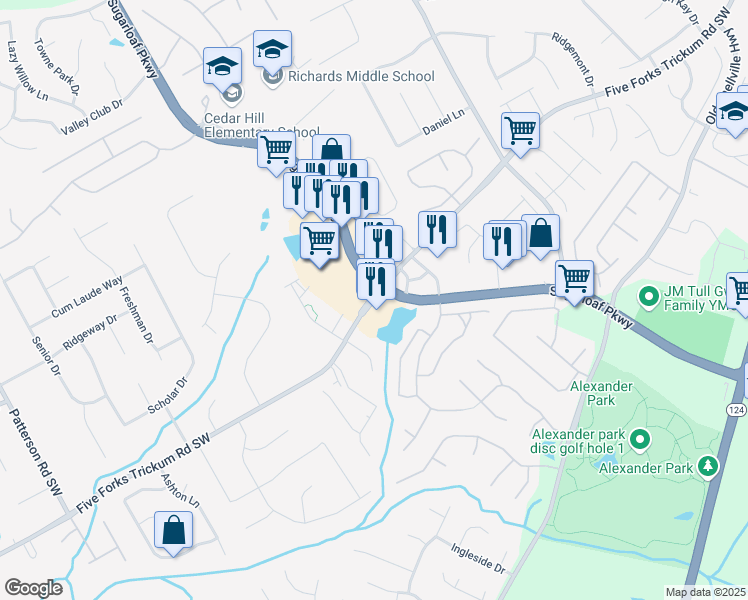 map of restaurants, bars, coffee shops, grocery stores, and more near 1410 Five Forks Trickum Road Southwest in Lawrenceville