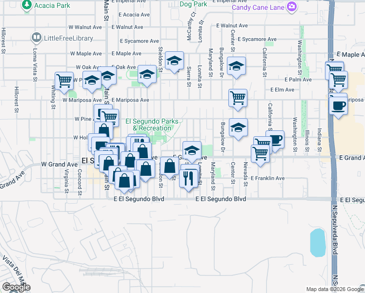 map of restaurants, bars, coffee shops, grocery stores, and more near 327 Sierra Street in El Segundo
