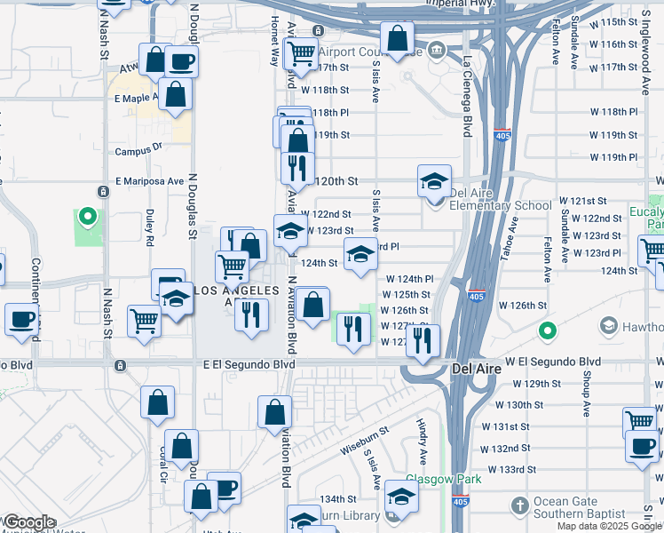 map of restaurants, bars, coffee shops, grocery stores, and more near 5518 West 124th Street in Hawthorne