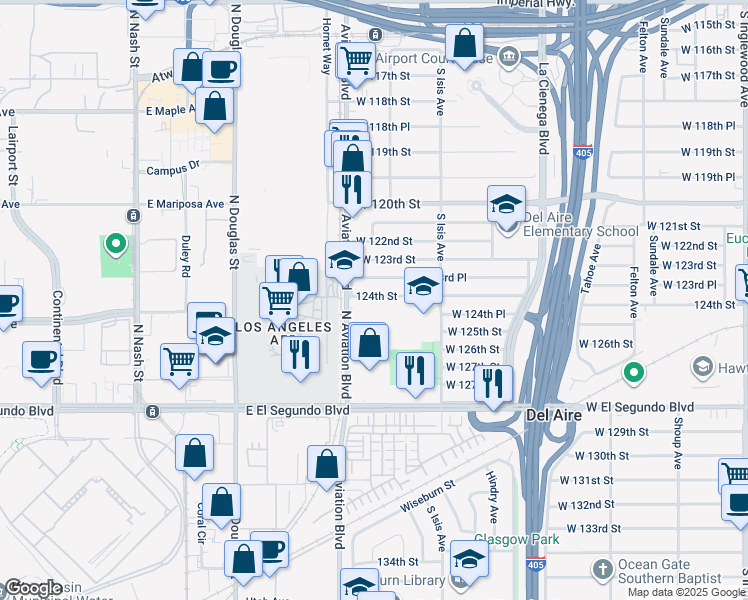 map of restaurants, bars, coffee shops, grocery stores, and more near 5518 West 124th Street in Hawthorne