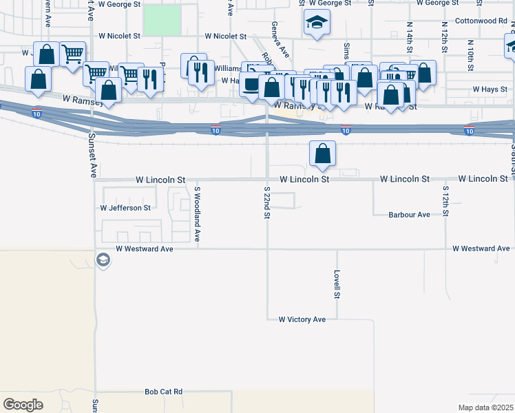 map of restaurants, bars, coffee shops, grocery stores, and more near 555 South 22nd Street in Banning