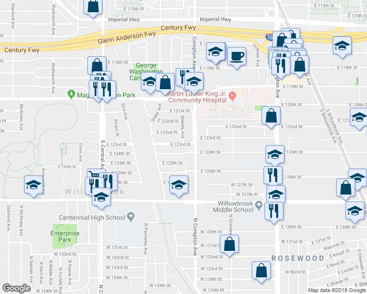 map of restaurants, bars, coffee shops, grocery stores, and more near 1522 East 123rd Street in Los Angeles
