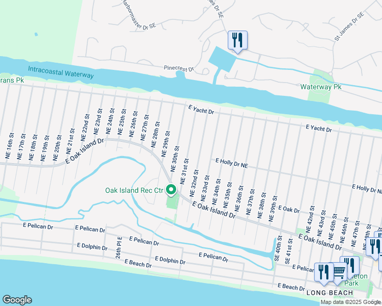 map of restaurants, bars, coffee shops, grocery stores, and more near 136 Northeast 31st Street in Oak Island