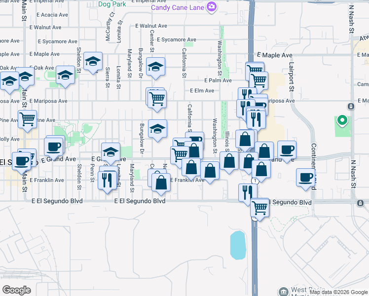 map of restaurants, bars, coffee shops, grocery stores, and more near 1301 East Grand Avenue in El Segundo