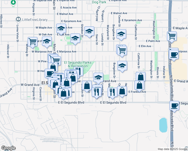 map of restaurants, bars, coffee shops, grocery stores, and more near 325 Sierra Street in El Segundo