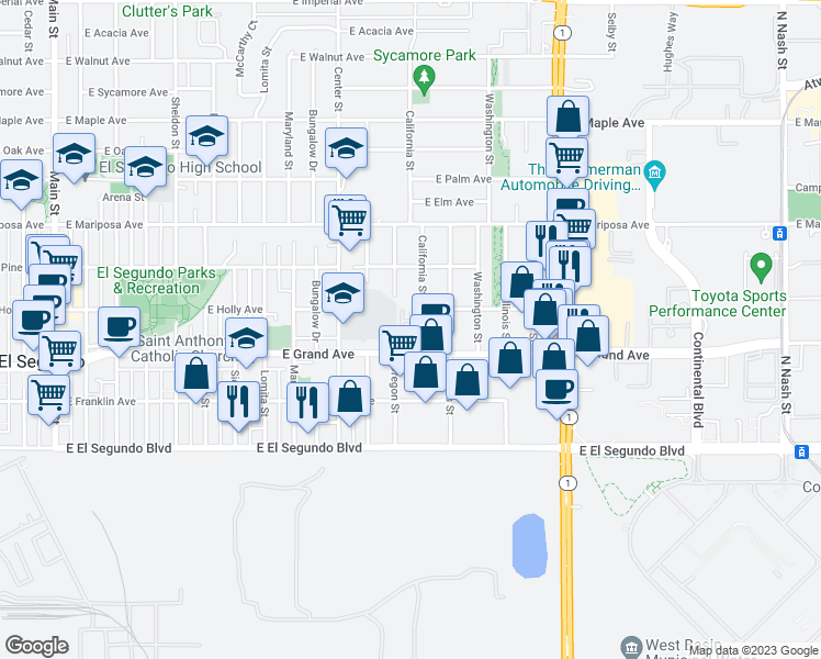 map of restaurants, bars, coffee shops, grocery stores, and more near 1301 East Grand Avenue in El Segundo
