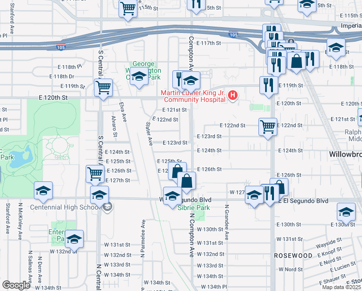 map of restaurants, bars, coffee shops, grocery stores, and more near 1522 East 123rd Street in Los Angeles