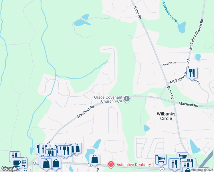 map of restaurants, bars, coffee shops, grocery stores, and more near 96 Macland Township Drive in Dallas