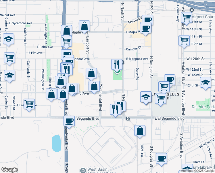 map of restaurants, bars, coffee shops, grocery stores, and more near 300 Continental Boulevard in El Segundo