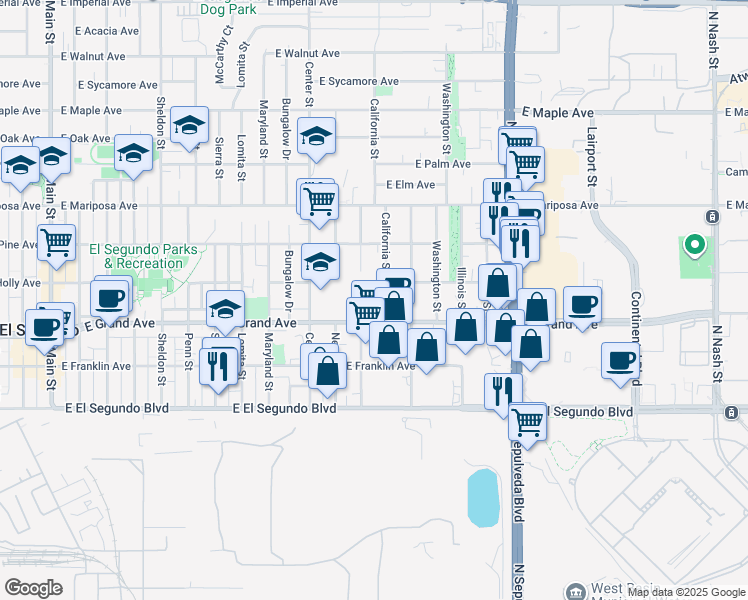 map of restaurants, bars, coffee shops, grocery stores, and more near 1369 East Grand Avenue in El Segundo